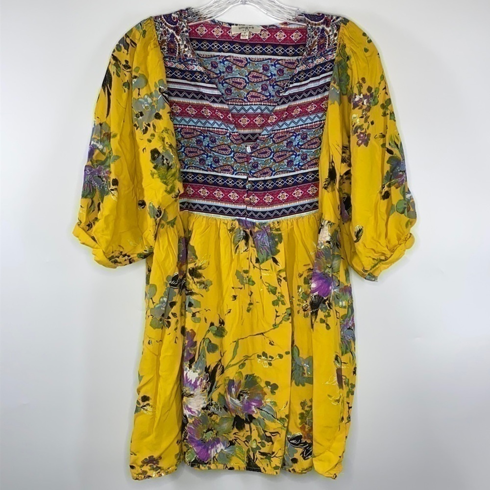 Umgee Button Vneck Yellow Floral Blouse